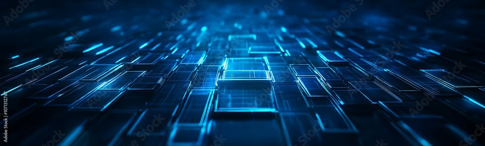 Aufkleber A vibrant blue digital landscape featuring interconnected lines of data and illuminated geometric shapes, representing technology and innovation.