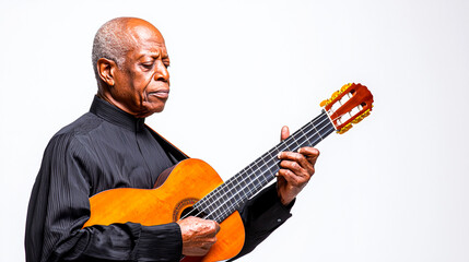 Elderly Man Playing Acoustic Guitar on White Background