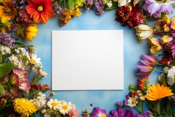 Colorful Floral Frame with Blank White Card on Blue Background