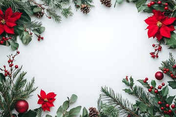 Fototapeta premium Christmas decoration. Flowers of red orange poinsettia, branch christmas tree, berries mistletoe, red berries on white background with space for text.