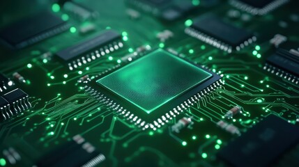 Glowing green circuit board, a closeup view of leds illuminating electronic components and pathways