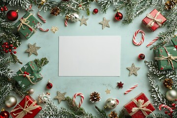 Fototapeta premium Christmas background with decorations on wooden background. Top view with copy space