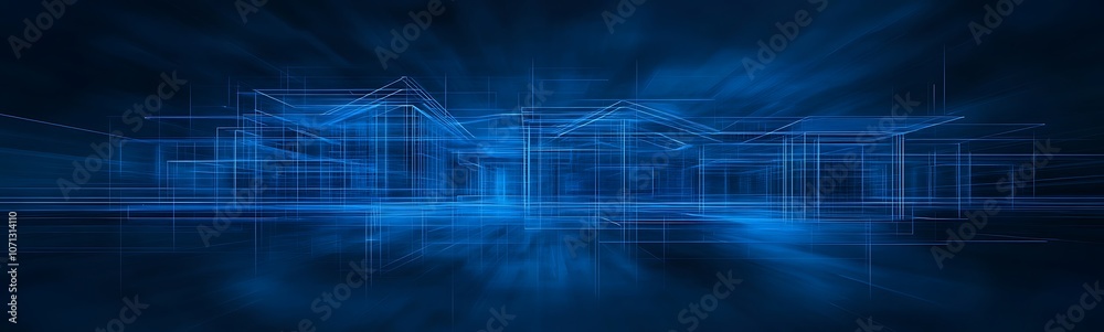 Poster a vibrant blue abstract background featuring geometric shapes and lines, creating a digital, high-te