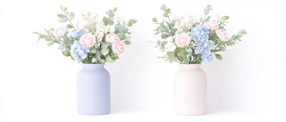 Naklejka premium Two elegant flower arrangements in pastel-colored vases, showcasing soft blooms and greenery against a light background.