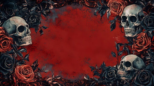 Halloween background, gothic style, blank area, ornate frames with skulls and roses, deep reds and blacks, dramatic and dark. Gothic. Illustration