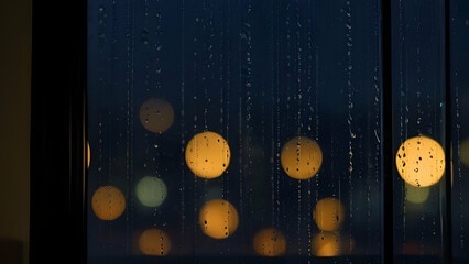 Close-up of rain droplets on a window at night with blurred city lights in the background.