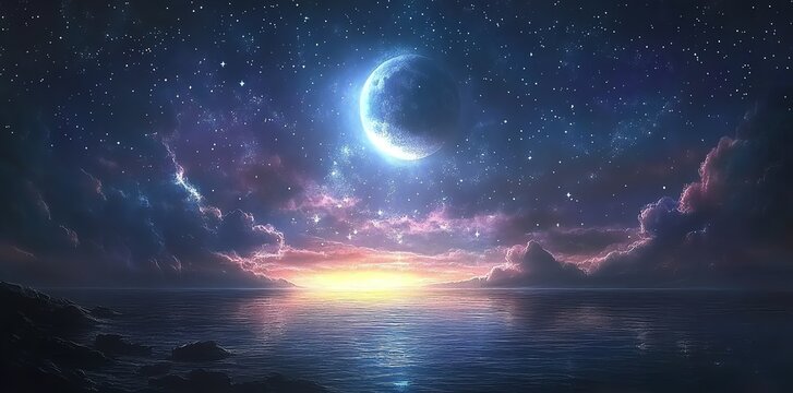 A crescent moon hangs in a starry night sky over a calm ocean, with a faint glow of sunset on the horizon.