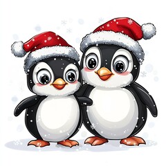 Fototapeta premium Adorable Cartoon Penguins with Santa Hats in Winter Wonderland : Generative AI