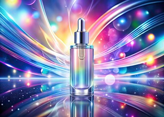 Asymmetrical Serum Bottle with Holographic Light Effects in Long Exposure Photography for Skincare and Beauty Products
