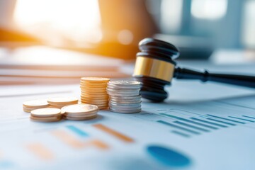 A gavel rests beside stacks of coins and financial documents, symbolizing the connection between law and finance in a business context.