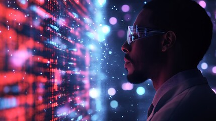 Innovative scientist analyzes data with advanced technology