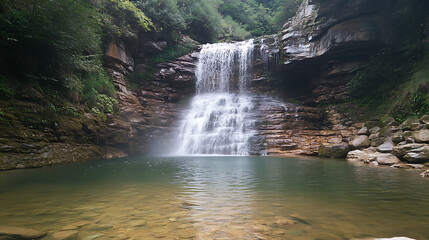Naklejka premium A beautiful waterfall in a remote location, with a large, clear pool perfect for swimming and relaxing in nature 