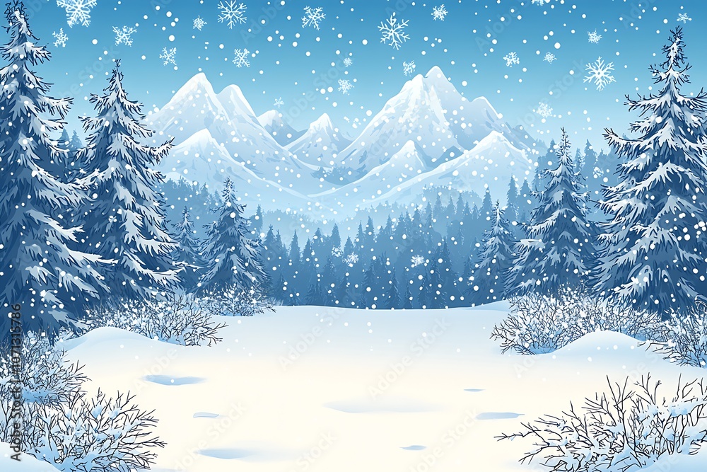 Poster Enchanting Snowbound Forest with Majestic Mountain Backdrop and Pine Trees in Snowfall : Generative AI