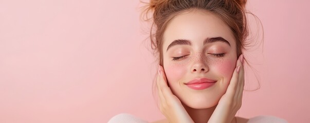 A serene woman enjoys a skincare routine set against a soft pink background, radiating freshness and natural beauty.