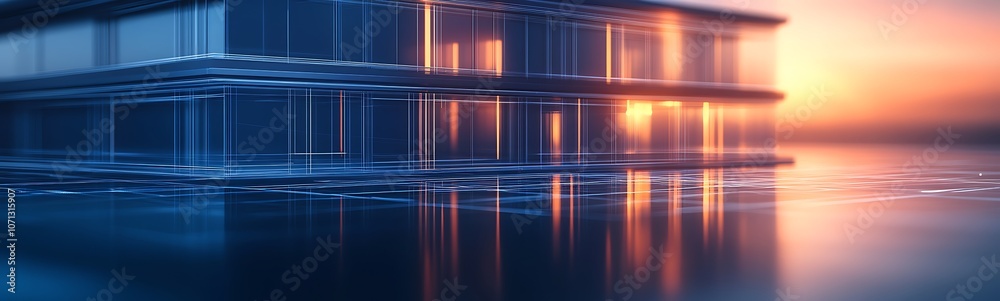 Aufkleber a stunning digital rendering of a futuristic structure reflecting on tranquil water at sunset, showc