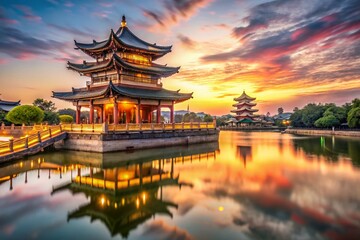 Vintage Style Photography of Nanchang Tengwang Pavilion at Dusk with Warm Tones and Soft Focus, Highlighting Traditional Architecture and Serene Reflections in the River