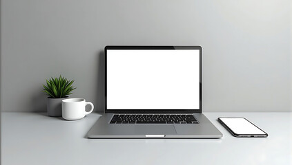 Fototapeta premium A minimalist workspace featuring a sleek laptop white screen for mockup alongside modern gadgets like wireless headphones, a smartphone, and a tablet, representing a tech-savvy setup