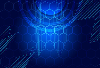 Abstract geometric background connecting dots as plexus in blue. tech circle and technology background. Futuristic interface. Futuristic flowing grid on bokeh lights background	