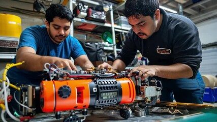 Two men, inventors Middle Eastern Working with robots to improve lives