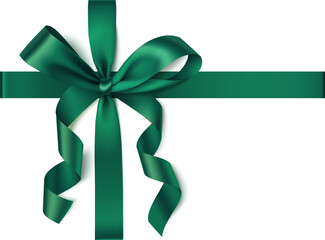  Decorative Christmas green bow with horizontal and vertical ribbon in the corner isolated on white. Beautiful new year decoration for your design. Vector stock illustration.