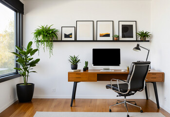 Fototapeta premium A minimalist modern home office with a large desk, a comfortable office chair and a floating bookshelf. The room features a few plants, a modern artwork on the wall and a sleek lamp, detailed