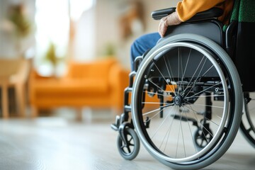Fototapeta premium A close-up view of a wheelchair, highlighting its wheels and the lower part of a person seated, with a cozy interior in the background.