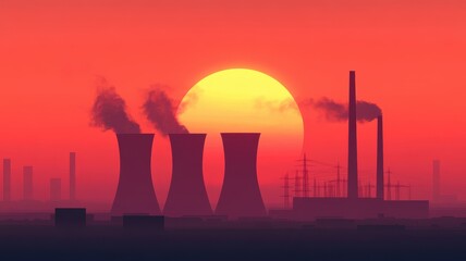 Naklejka premium The image shows industrial smokestacks and cooling towers silhouetted against a vibrant sunset, emitting smoke into the sky, highlighting the atmosphere of pollution.