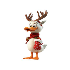 Naklejka premium Christmas Duck with Reindeer Antlers Holding Gifts