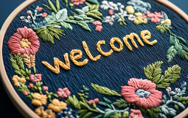embroidery abstract modern design with text "welcome"