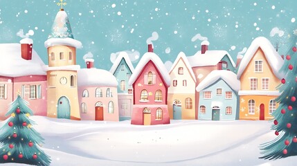 Fototapeta premium Whimsical Winter Wonderland with Snow Capped Colorful Village Houses Under Falling Snowflakes : Generative AI