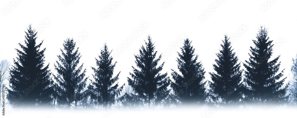 Poster symmetrical pine tree silhouette layered landscape in winter fog : generative ai