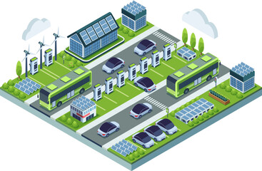 Isometric Sustainable Transportation Hub with Electric Vehicles