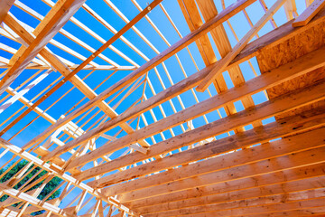 Open roof structure with large framework skeletal frame constructed from wood beams