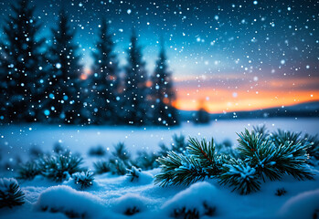 Delicate, frosty snowflakes drifting through a glowing, ethereal winter sky. The background is a gradient of cool blue hues, dotted with twinkling light orbs, resembling a festive, frozen dreamscape