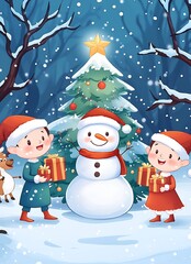 Joyful Children with Gift Boxes and Snowman Near Decorated Christmas Tree in Winter Forest : Generative AI