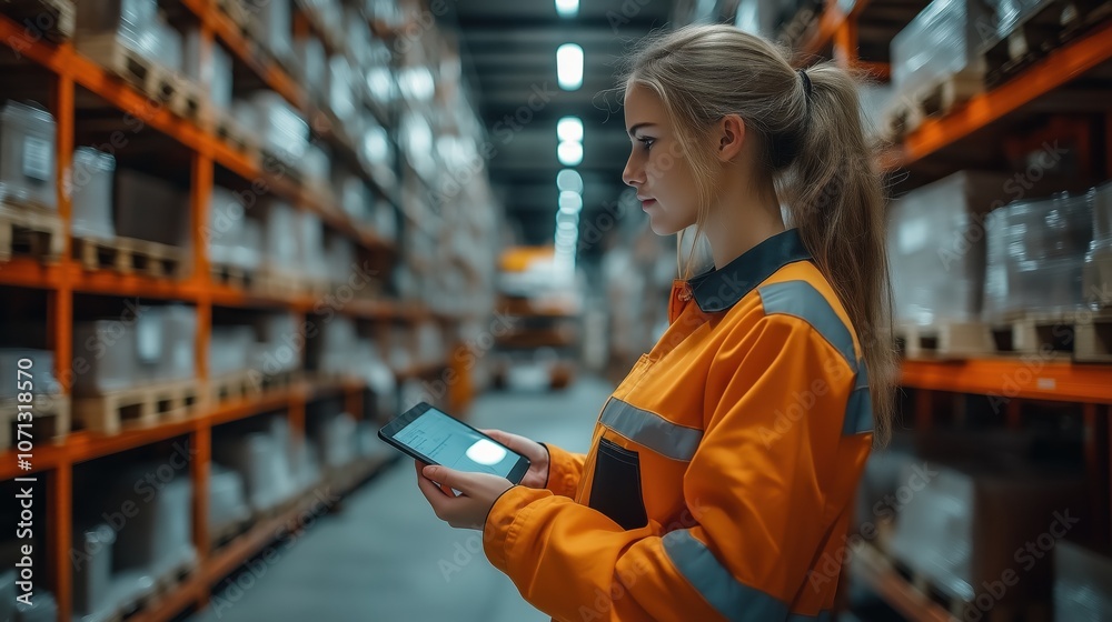 Poster warehouse worker using tablet for inventory management. warehouse worker in an orange uniform using 