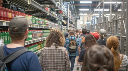 Obraz premium A tour group walks through rows of bottles and cans learning about the packaging and distribution process.