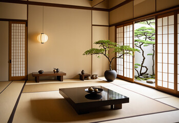 A minimalist Japanese living room with tatami flooring, low coffee tables, and traditional paper lanterns. The walls are painted in a calming beige with subtle hints of gold.