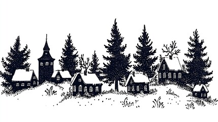 Obraz premium Picturesque Winter Landscape with Snow Dusted Village and Tower Among Tall Pine Trees : Generative AI