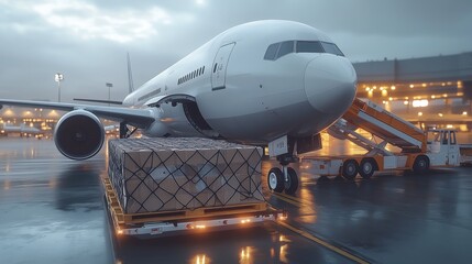 Cargo Plane Preparing for Loading at Night. Cargo plane at night, positioned for loading freight, showcasing the logistics and shipping industry's operations under illuminated conditions.