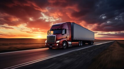 A majestic semi-truck speeds along a highway at sunset, traversing a vast and scenic landscape