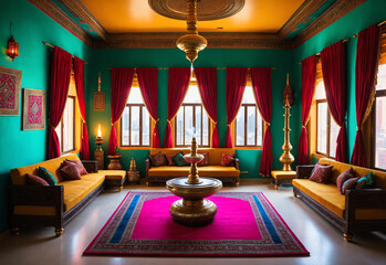 Fototapeta premium A vibrant Indian living room with colorful rugs, intricate tapestries and ornate, gold-leaf frames around the walls. The room is filled with rich, jewel tones like emerald green, ruby red and sapphire