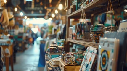 A bustling marketplace filled with handmade crafts and merchandise from local artists promoting the importance of supporting small businesses.