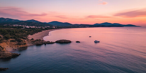 Fototapeta premium Aerial drone photograph pink sunset, coastline seascape photography, minimal beautiful background wallpaper