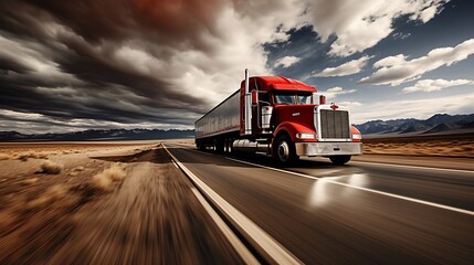 A lone red semi-truck speeds down a desolate highway under a dramatic, stormy sky, traversing a vast and empty desert landscape