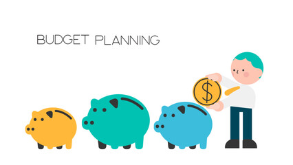 Budget planning. Saving money, investment. Different piggy banks for - family, recreation and health. Finance management concept. Businessman putting dollar coin into piggy bank. vector illustration