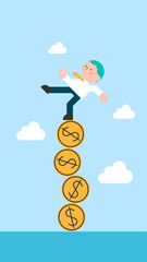 Financial instability, uncertainty or unstable investment market, risky situation or economic recession, crisis or bankruptcy concept, businessman investor falling from stack of unstable money coins.