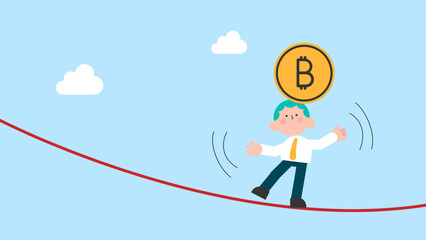 Bitcoin and cryptocurrency high volatility, risk management for fluctuation of digital financial asset concept. Businessman acrobat trying to maintain bitcoin on his head.