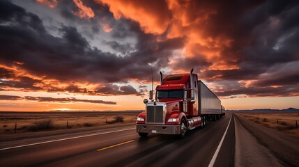Red Semi-Truck on Highway at Sunset with Dramatic Sky