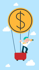Searching for opportunities. Successful businessman sees with a telescope and flies a hot air balloon with coin, Balloon, Banking